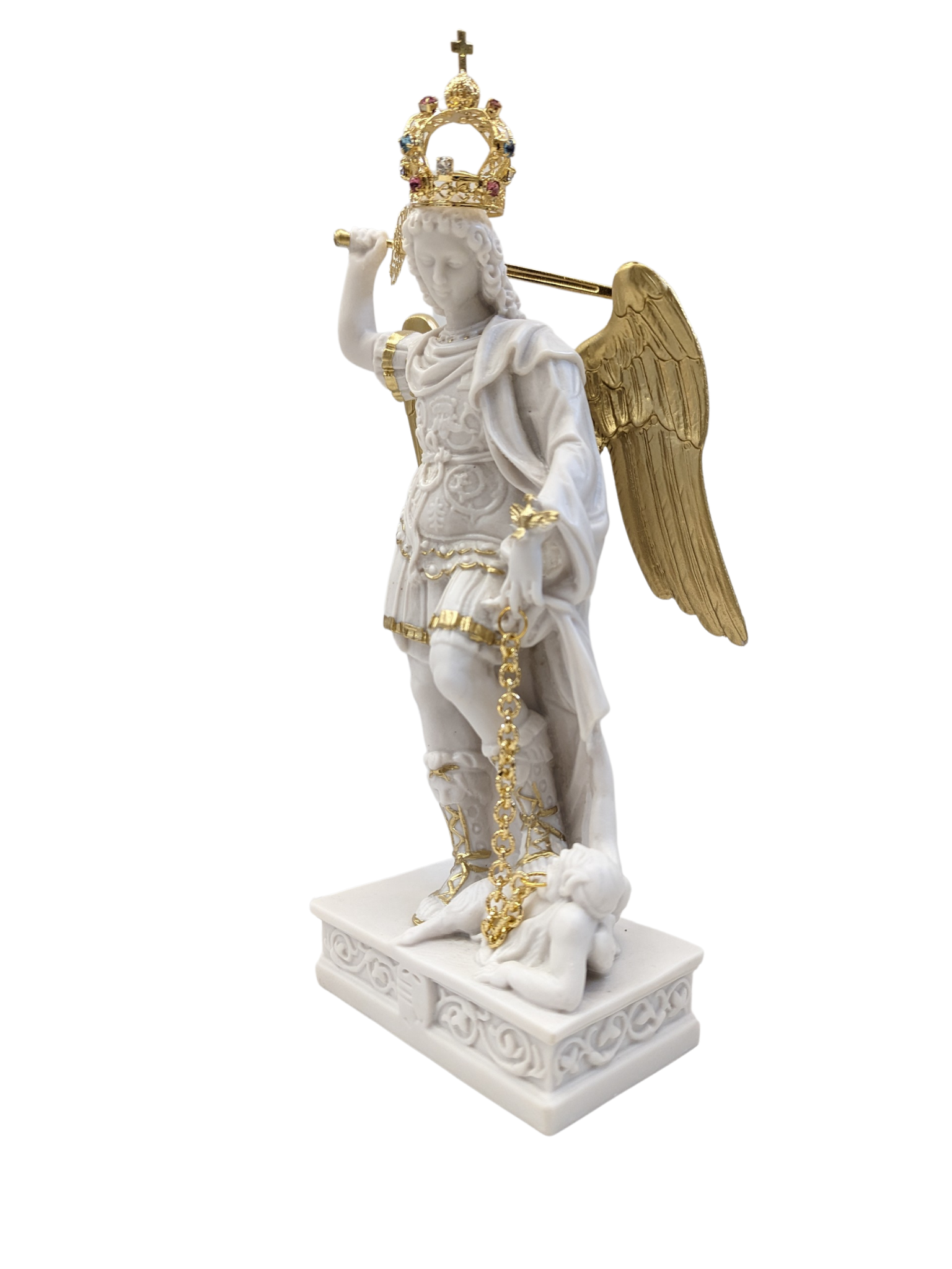 Statua di San Michele Arcangelo bianco con dettagli oro alto cm 30