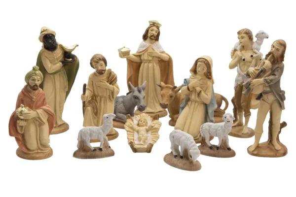 Set completo Natività con bue e asino gesù bambino re magi e personaggi in resina 15 cm